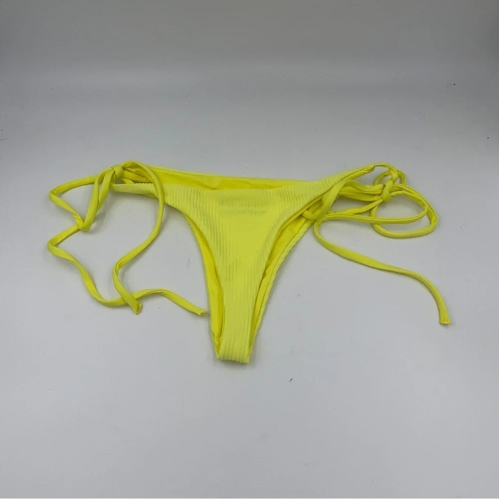 NWOT Frankie’s Bikinis yellow tie plisse ribbed thong bikini bottoms 12528